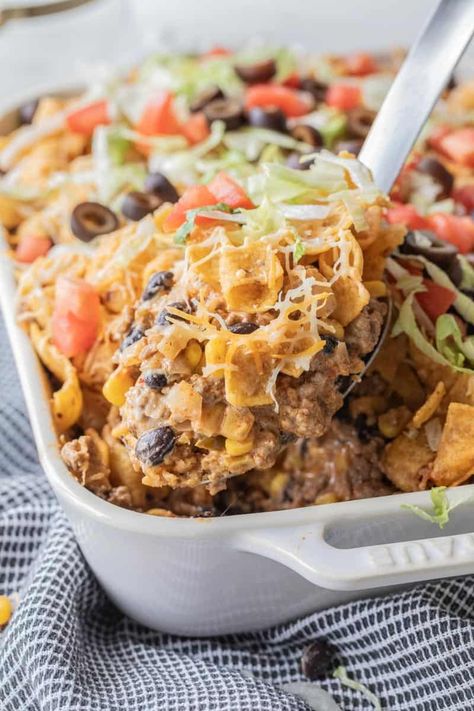 Walking Taco Bake With Fritos, Frito Taco Bake, Beef Taco Bake, Taco Casserole With Rice, Beginner Cooking, Walking Taco Casserole, Taco Casserole Bake, Taco Dishes, Casserole Bake