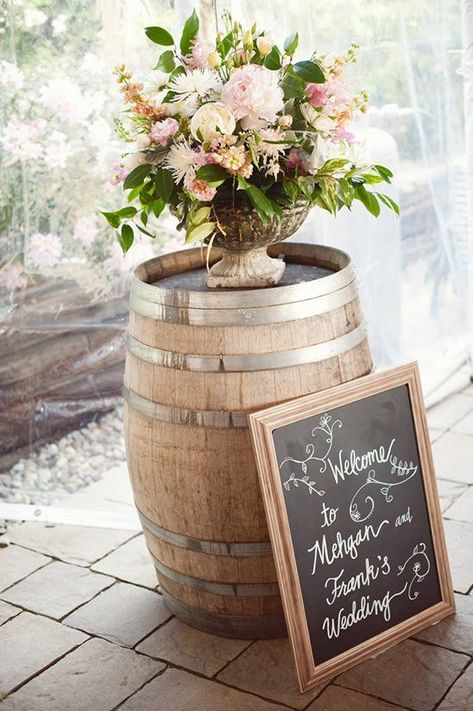 Diy Whiskey Barrel, Wine Barrel Wedding Decor, Barrel Wedding Decor, Wine Barrel Wedding, Wine Barrel Decor, Whiskey Barrel Wedding, Kelsey Rose, Barrel Wedding, Vintage Wedding Signs