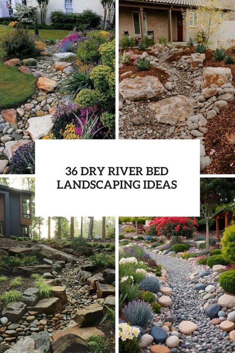 Dry River Bed Landscaping Ideas Dry Pond Ideas, Dry Riverbed Landscaping Backyards, River Garden Landscapes, Dry Creek Bed Ideas, Rock River Landscape, Dry River Bed Garden Ideas, Drybed Landscape, Backyard Creek Landscaping, Backyard Stream Landscaping