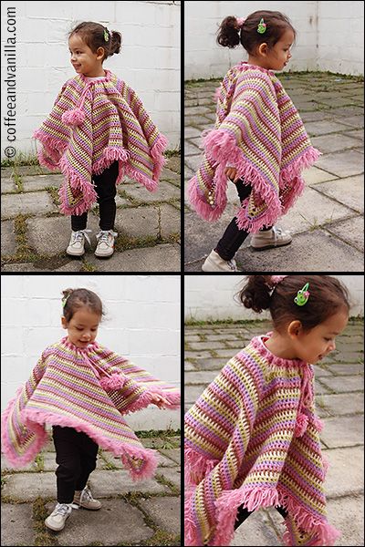 Pretty striped poncho!  Easy #DIY crochet pattern from @Margot / Gocha! Crochet Poncho Patterns Kids, Crochet Poncho Kids, Corner Pattern, Granny Square Poncho, Crochet Baby Poncho, Girls Poncho, Crochet Poncho Free Pattern, Poncho Crochet, Kids Poncho