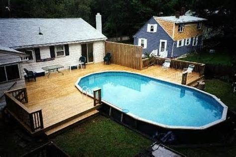 Above Ground Pools Decks Idea - Bing Images Swimming Pool With Deck, Above Ground Fiberglass Pools, Firepits Backyard, Pool With Deck, Above Ground Pool Deck, Pool Decking, Oval Pool, Pool Deck Plans, Deck And Patio