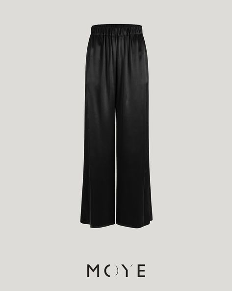 Black silk pants with straight wide legs crafted from high quality satin with a gorgeous lustrous finish. Designed to sit at a high waist with elastic waistband and fall to wide legs. Two practical pockets on the sides, hidden in the seams. #moye #moyestore #polishbrand #silk #satin #naturalsilk #blackpants #blackpyjama #loungewear #nightwear Black Wide Pants, Black Silk Pants, Silk Pant, Satin Pants, Silk Trousers, Silk Pants, Natural Silk, Wide Pants, Wide Legs