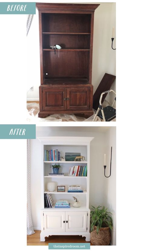 Bookshelf Makeover, Bookcase Makeover, Painting Bookcase, Old Bookshelves, Bookcase White, Old Bookcase, Bookcase Diy, White Bookshelves, Dark Wood Cabinets