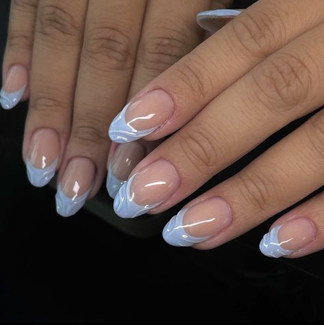 Light Blue French Tip Nail Designs, Blue Pearl French Nails, Blue Swirl French Tip Nails, Light Blue Tips Nails, Blue French Tip With White Outline, Light Blue French Tip, Light Blue French Tip 1.5, Light Blue French Tip Nails, Blue Japanese Gel Nails