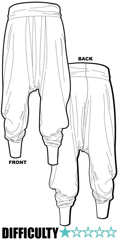 Ralf Pink Patterns /Harem pants / Khaki Merino jersey. Been wanting to make this!! Harem Pants Sketch, Harem Pants Drawing Reference, Harem Pants Flat Sketch, Harem Pants Drawing, Male Pants Drawing, How To Draw Baggy Pants, Trousers Drawing, Baggy Pants Drawing, How To Draw Pants