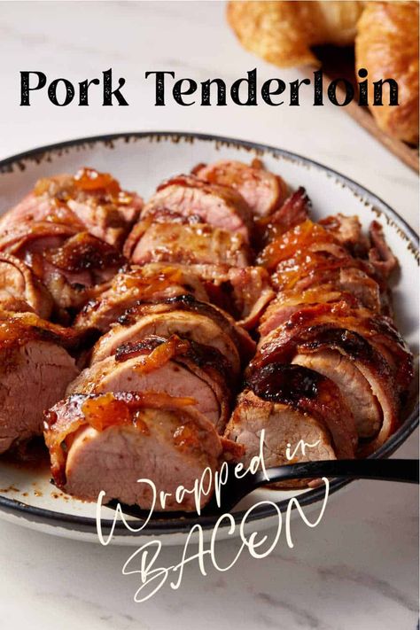 Bacon wrapped pork tenderloin is a must try. The bacon not only adds flavor but helps hold in the moisture so that it's super tender. Get a hint of sweetness from a peach jam glaze. Bacon Wrapped Pork Tenderloin Recipes, Wrapped Pork Tenderloin, Pork Tenderloin Oven, Peach Pork Chops, Bacon Wrapped Pork Tenderloin, Slow Cooker Chicken Chili, Bacon Wrapped Pork, Pork Recipes Easy, Wrapped In Bacon