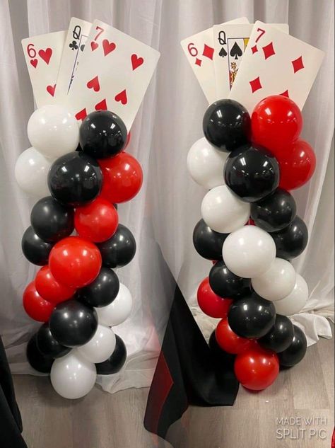 Spades Theme Party, Casino Hoco Theme, Great Gatsby Casino Themed Party, Vegas Party Centerpieces, 30th Birthday Poker Theme, Casino Night Party Decorations Monte Carlo, Casino Royale Decorations, Casino Balloon Columns, Casino Theme Party Balloons