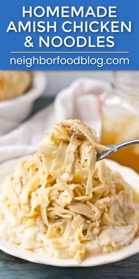 Are you looking for a hearty comfort food recipe that soothes the soul and fills your stomach? Look no further than this classic chicken and noodles recipe.  It's the perfect pasta dish for a simple dinner or to take to your next potluck! || NeighborFood #chickenandnoodles #pasta #pastarecipes #comfortfood #neighborfood