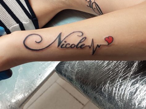 Women tattoo Nicole name heart symbol Nicole Tattoo Ideas, Nicole Tattoo Name, Nicole Name, Nicole Tattoo, Tatto Name, Army Drawing, Half Sleeve Tattoos Forearm, Tattoos Forearm, Tats Ideas