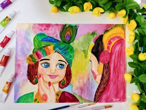 Radhakrishnan holi scene🤗 Watercolours on paper🖌️ Holi Art, Krishna Holi, Radha Krishna Holi, Radha Painting, Holi Special, Madhubani Art, Krishna Radha Painting, Krishna Radha, Krishna Painting