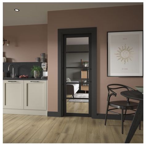 Coloured Skirting Boards, Grey Skirting Boards, Black Kitchen Door, Black Skirting, Howdens Kitchen, Internal Folding Doors, Mdf Skirting, Internal Sliding Doors, Hardwood Doors