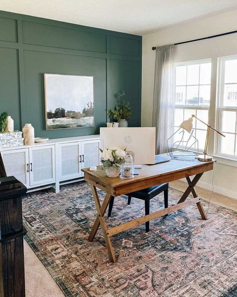 If you’re fortunate to be able to work from home, why not create a beautiful home office. Here are our favorite home offices from Instagram to get you inspired! This home office paint color is Current Mood by Clare. #wfh #homeoffice #paintcolors Transitional Home Office, Office Paint Colors, Home Office Decorating Ideas, Cozy Home Office, Office Remodel, Office Decorating, Office Guest Room, Dream Office, Office Makeover