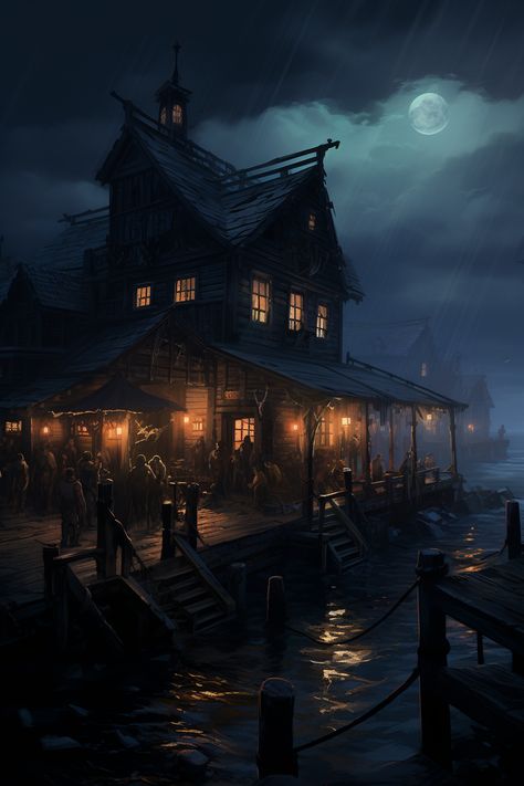 Dnd Seaside Town, Fantasy Harbor, Fantasy Port Town Aesthetic, Pirate Island Aesthetic, Fantasy Docks, Inn Aesthetic, Fantasy Seaside City, Fantasy Tavern Aesthetic, Pirate City