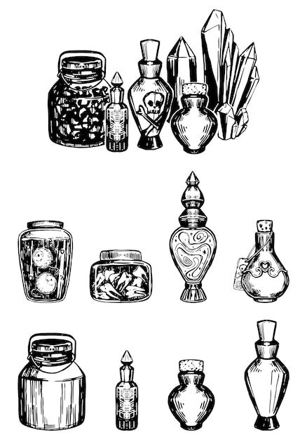 Witch Potion Shelf Drawing, Vintage Potion Bottles Illustration, Apothecary Jar Tattoo, Vintage Bottle Tattoo, Apothecary Bottle Tattoo, Potion Jar Drawing, Vintage Potion Bottles, Spell Jar Tattoo, Potion Tattoo Bottle