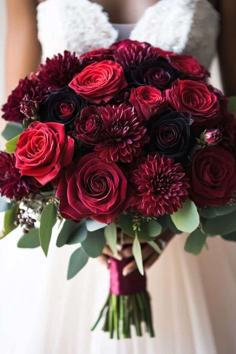 Red Rose Bouquet For Wedding Burgundy Bouquets For Bride, Romantic Red Rose Wedding Theme, Red Prom Bouquet Ideas, Red Roses Flower Arrangement, Red Bride Bouquet, Dark Red Bouquet, Red Bouquet Flowers, Red And Purple Roses, Rose Bouquet For Wedding