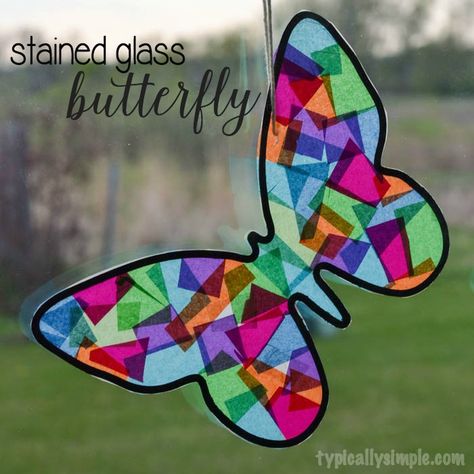 A fun kids' craft. This stained glass butterfly is simple to make and adds some color to your windows! Tutorial by Kelly from Typically Simple. Butterfly Art For Kids, Craft Spring, Stained Glass Cookies, Diy Staining, Window Crafts, Spring Window, Stained Glass Butterfly, Diy And Crafts Sewing, Stained Glass Diy