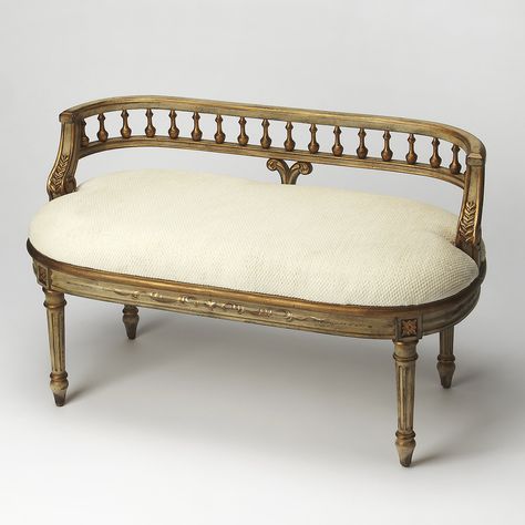 Butler Mansfield Guilded Cream Bench Bench For End Of Bed, Gold Bench, Classy Furniture, Antique Bench, Bench With Back, Fabric Bench, Bedroom Bench, Wood Bedroom, Upholstered Bench