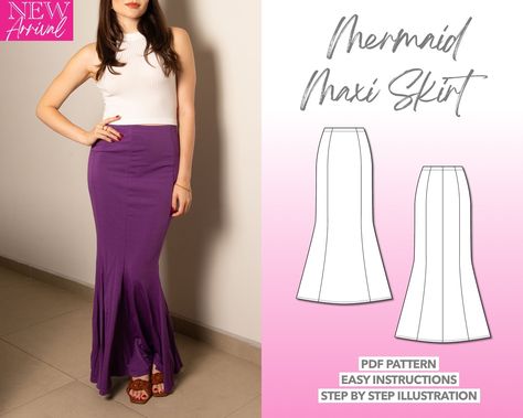 Maxi Skirt Sewing, Mermaid Skirt Pattern, Maxi Skirt Sewing Pattern, Knit Long Skirt, Flared Skirt Pattern, Skirt Sewing Tutorial, Pattern Maxi Skirt, Long Skirt Pattern, Skirt Pattern Easy