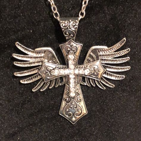 Stunning Silver Winged Gothic Style Medallion Cross. Beautiful Designed With Double Cross Center Piece And Nice Matching Bail And 30 Inch Chain.(Also 3” Extender). Cross Measures 3 Inches Across And 2 7/8 Inches From Top To Bottom. Nwot Unisex Piece. Really Outstanding Piece! Cross With Wings Necklace, Grunge Cross Necklace, Affliction Necklace, Cross Grunge, Cross With Wings, Wedding Ring For Him, Rhinestone Cross, Silver Wings, Cross Chain