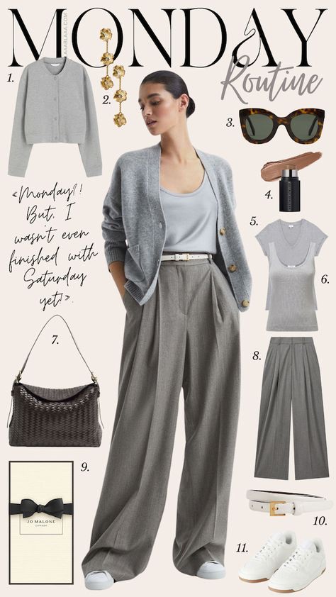 Monday Routine Grey Women Outfit, All Gray Outfits For Women, Grey Tshirt Outfits Casual, Effortlessly Chic Outfits Minimal Classic, How To Style Gray Pants, Gray Pants Outfit Casual, Office Look Summer, Gray Pants Outfits Women, Modern Classic Outfits