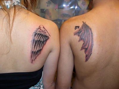 the girl has an angel wing tattoo while the boy has a demon wing #matching #tattoo Demon Tattoos, Tattoos Angel, Lovers Tattoo, Wing Tattoos, Maching Tattoos, Friends Tattoo, Angel Demon, Bestie Tattoo, Free Tattoo Designs