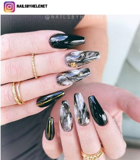 53 Black and White Marble Nail Designs - Nerd About Town Black White Gold Marble Nails, Marble Black And White Nails, Black And Gray Marble Nails, White And Black Marble Nails, Black Grey And White Nails, Marble Nails Black And White, White Marble Nail Designs, Black White Nails Designs, Black And White Marble Nails