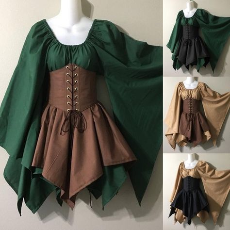 Retro Medieval Costume Woodland Wood Elf Fairy Fantasy Waist Cincher Corset Set Top and Jagged Skirts Halloween Costume Cosplay Costume | Wish Shirt Dress With Corset, Medieval Costume Women, Elven Cosplay, Era Victoria, Fest Outfits, Dress With Corset, Elf Costume, Medieval Costume, Stage Costume