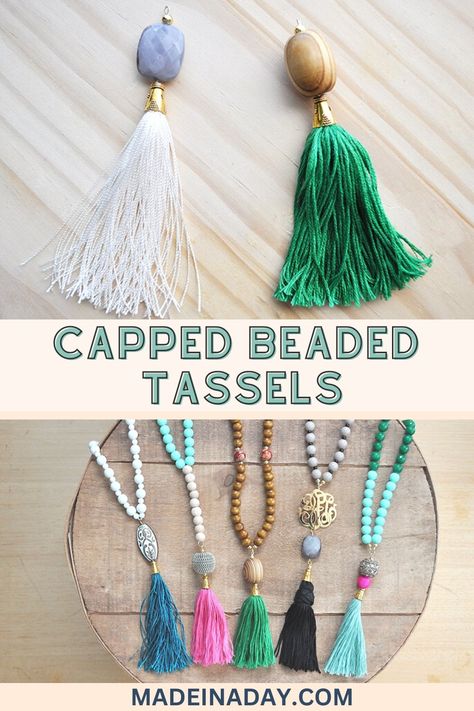 Make beautiful beaded capped tassels easily in just a few steps. Perfect for necklaces, earrings, home decor, pillows and anywhere else you need to add a tassel. beaded tassel, beaded tassels, how to make a beaded tassel, how to make a tassel with beads Ladies Day Ideas, Tassel With Beads, Tassel Jewelry Diy, Beaded Tassels Diy, Make A Tassel, Make Tassels, Diy Tassel Necklace, Make A Face Mask, Diy Tassel Earrings