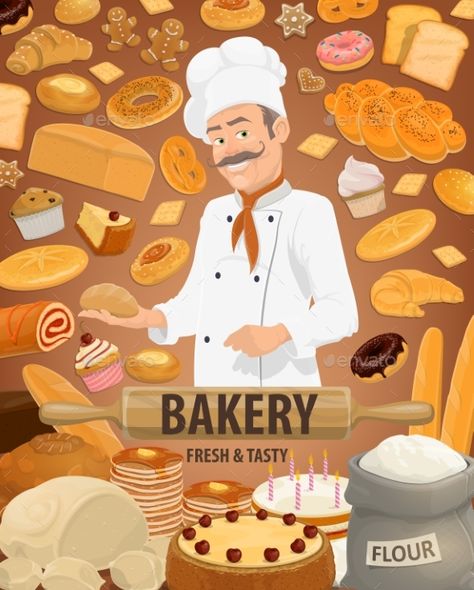 Bakery Illustration Drawings, Baker Drawing, Bread Illustration Design, Bread And Pastry Background Design, Baker Illustration Baking, Baker Illustration, Baking Illustration, Bakery Illustration, Baker Bread