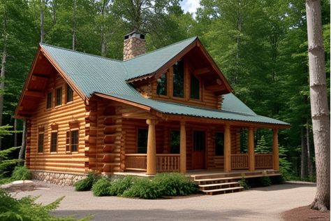 Log cabin with a green metal roof surrounded by a lush forest. Log Houses Exterior, Log House Exterior, Log Siding Exterior, Log Cabin Exterior Ideas, Cabin Exterior Ideas, Log Cabin Homes Exterior, Log Cabin Porch, Cabin Exteriors, Rustic Remodel