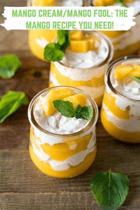 Mango Cream or Mango Fool is the perfect Mango Dessert recipe to make. Use fresh mangoes to make a sweet mango puree then serve with whipped cream. It looks fancy but it is incredibly easy to make! #MangoDessert #Dessert #SummerDessert #SpringDessert #MangoRecipes #PreciousCore Mango Fudge, Mango Treats, Thailand Party, Shortbread Bites, Hot Fudge Cake, Hot Chocolate Fudge, Mango Dessert Recipes, Dessert Inspiration, New Year's Desserts