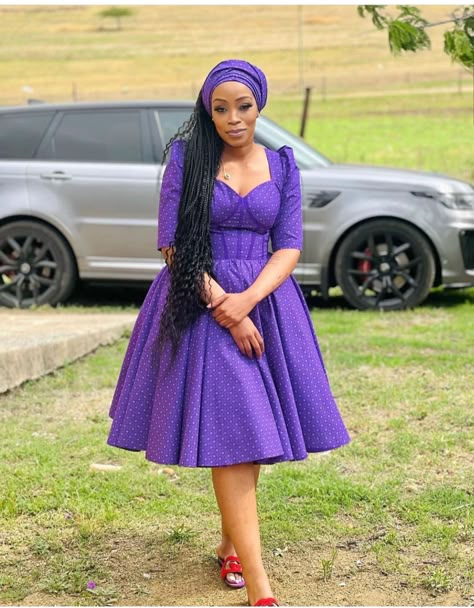 Purple Shweshwe Dresses, Sesotho Traditional Attire For Women, Sesotho Traditional Attire, Lobola Outfits, Zulu Traditional Wedding Dresses, Seshoeshoe Dresses, Zulu Traditional Wedding, Sepedi Traditional Dresses, Zulu Wedding