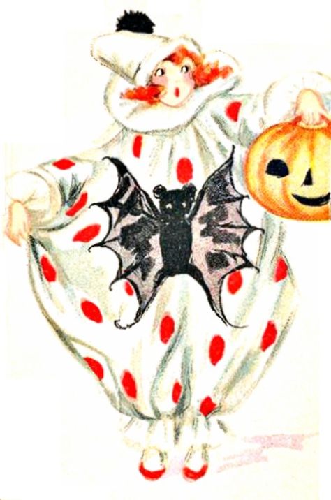 vintage Halloween red headed woman in clown costume, bat, JOL pumpkin Vintage Bat Costume, Halloween Shuffle, Old Fashioned Halloween, Vintage Halloween Costumes, Vintage Halloween Cards, Halloween Flash, Vintage Halloween Art, Autumn Diy, Flash Ideas