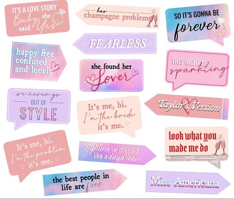 Taylor Swift Bachelorette Party Photo Booth Props - Swiftie Bridal Shower Decor https://etsy.me/3XyYHJm #bacheloretteparty #partyprops #photobooth #swiftiebachelorette #taylorloverparty #taylorerasdecor #taylorswiftparty Bachelorette Party Basket, Taylor Swift Party Props, Pink And White Bridal Shower Decorations, Taylor Swift Bachelorette Koozie, Lover Bachelorette Party Theme, Lover Birthday Taylor Swift, Taylor Swift Themed Photo Booth, Photo Booth Taylor Swift, Lover Bridal Shower Taylor Swift