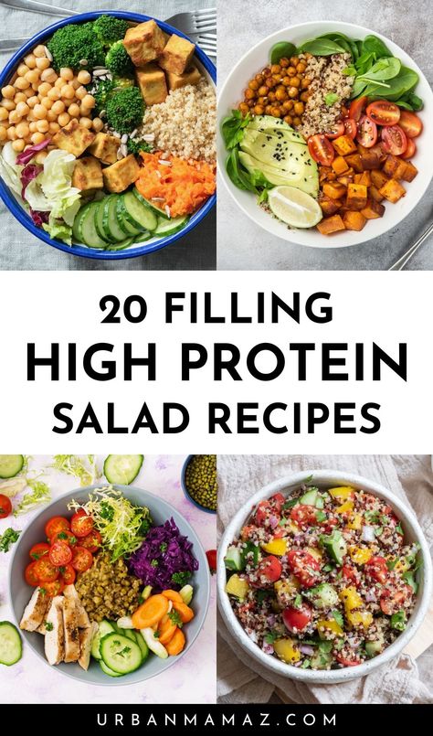 Looking for filling high protein salad recipes? Check out this list of 20 easy high protein salads for meal prep. Hi Protein Salads, Easy Salad Recipes Meal Prep, Protein Filled Salads Healthy, Protein Summer Salad, Hearty Salads For Lunch, Not Salad Salads, Protein To Add To Salads, Lunch Prep Bowls, Non Salad Lunches Healthy