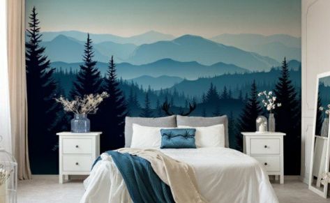 Mountain Bedroom, Blue Landscape, Cool Tree Houses, Misty Mountains, Kids Bedroom Inspiration, Nursery Room Design, Wall Painting Decor, Wall Murals Painted, Wall Paint Designs