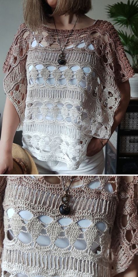 woman in crochet top Pop Top Crochet Patterns, How To Make Crochet Ruffles, Free Crochet Cover Up Pattern, Crochet Summer Poncho Free Pattern, Crochet Lace Top Pattern Free, Free Crochet Top Patterns, Ruffle Crochet, Crochet Shirts, Crochet Blouse Free Pattern