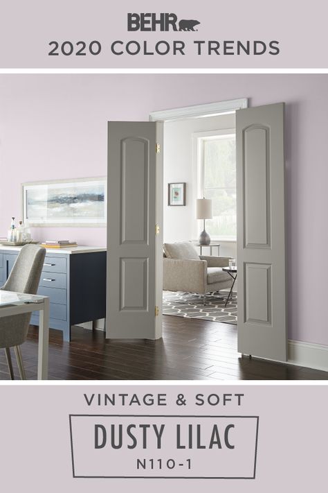 BEHR® Paint in Dusty Lilac brings a soft, vintage style to this dining room. As part of the BEHR 2020 Color Trends Palette, it also makes for a stylish addition to your own home. Click below to learn more about this pastel purple hue. Wisteria Paint Color, Behr Purple Gray Paint Colors, Graylac Paint Color, Purple Gray Paint Behr, Behr Lilac Paint Colors, Behr Light Purple Paint Colors, Behr Purple Paint, Light Lilac Paint Color, Behr Purple Paint Colors