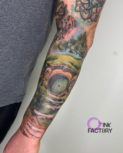 The Shire and Rivendell sleeve. 'Even the smallest person can change the course of the future'. Work done by @andy.lopez.art . If you like what you see its time to venture into our DMs or email and get booked in!! #TheInkFactory #DublinTattoo #LordOfTheRings #LordOfRingsTattoo #MovieTattoo #Inked #Tattoo #TattooSeeve #FullColourTattooSleeve #Aragon #TheShire #Rivendell #Legolas #FrodoBaggins Rivendell Tattoo, Lotr Sleeve Tattoos, The Shire Tattoo, Lord Of The Rings Sleeve, Light Tattoos, Hobbit Tattoo, Lotr Tattoo, Movie Tattoo, Light Tattoo