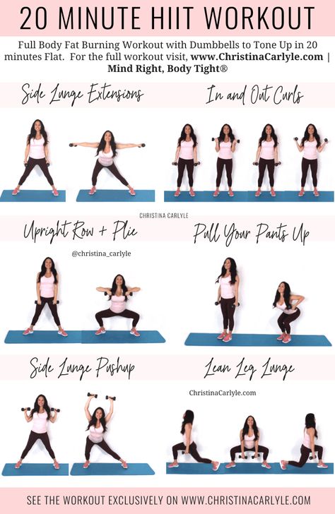 Quick HIIT workout for women from trainer Christina Carlyle. https://www.christinacarlyle.com/hiit-workout/ Christina Carlyle Workout, Hiit Workout Plan For Women, Hiit Workout For Women, Full Body Fat Burning Workout, Weight Lifting Plan, Christina Carlyle, 20 Minute Hiit Workout, Hiit Exercises, How To Eat Healthy