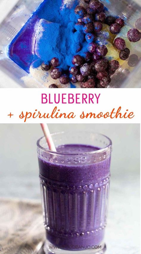 smoothie ingredients and finished blueberry smoothie Smoothies With Spirulina Powder, Spirulina Smoothie Recipes, Blue Spirulina Smoothie, Spirulina Recipes, Purple Smoothie, Smoothie Jar, Pomegranate Smoothie, Cinnamon Smoothie, Spirulina Smoothie