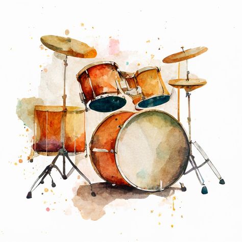 Drum Artwork Paintings, Watercolor Instruments, Drums Watercolor, Drummer Art Paintings, Drum Kit Illustration, Drum Drawing, Aquarelle Painting, Watercolor Pictures, Watercolor Cards