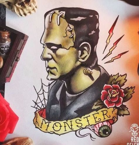 Poster Print Frankenstein Tattoo Flash Frankinstine Tattoos, Frankenstein Tattoo, Halloween Tattoo Flash, Tatuagem Masculina Pequena, Monster Tattoo, Frankenstein Art, Ink Portrait, Movie Tattoos, Samoan Tattoo