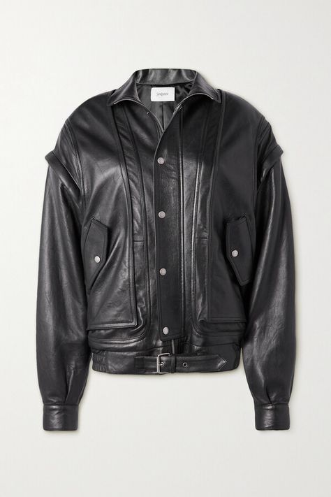 SAINT LAURENT - Oversized Paneled Leather Biker Jacket - Black 2024 Predictions, Runway Styling, Brazil Clothing, Slinky Black Dress, Oversized Leather Jacket, Jean Trench Coat, Outdoor Jackets, Mens Outdoor Jackets, Fall 23