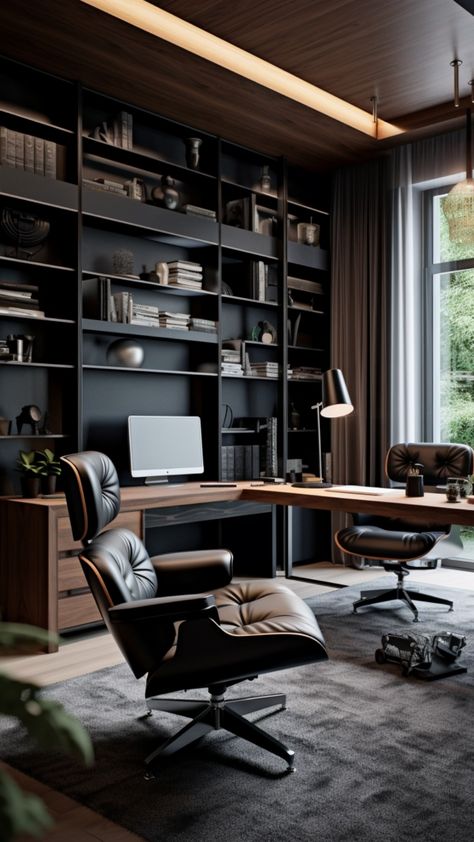 4 MODERN LUXURY : HOME OFFICE IDEAS  #homeoffice #modernchair #homedecor #affiliate #iearncommission Gentleman Office Interior Design, Mens Study Office, Home Office Design For Men, Black Office Design, Luxury Home Office Ideas, Modern Masculine Office, Whisky Lounge, Luxury Home Library, Office Ideas For Men