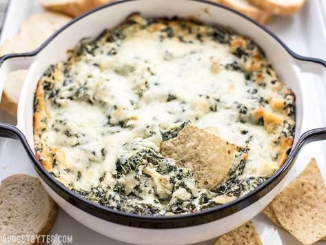 Double Spinach Artichoke Dip is PACKED with spinach, three types of cheese, and just enough spice to tingle your taste buds. It’s the classic dip, elevated. BudgetBytes.com Crunchwrap Supreme, Spinach Artichoke Dip Recipe, Artichoke Dip Recipe, Healthy Dips, Spinach Artichoke Dip, Spinach Dip, Artichoke Dip, Spinach Artichoke, Cheese Dip