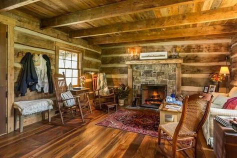 Cozy Hand Hewn Log Cabin Interior, Cozy Stone Fireplace, Fireplace Cabin, Cabin Remodel, Log Cabin Interior, American Chestnut, Log Cabin Ideas, Cozy Cabins, Log House