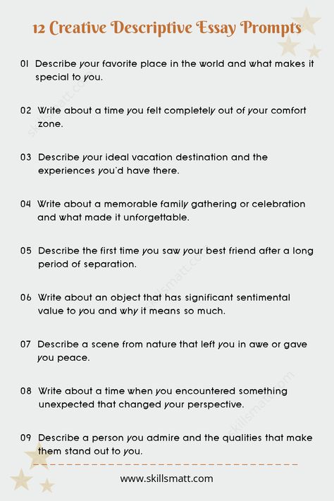 Explore these 12 creative descriptive essay prompts to inspire vivid, detailed writing.,
Need help with your essays/ paper? I offer professional writing services to boost your success. Visit our website for personalized assistance! Descriptive Essay Topics, Essay Writing Prompts, Descriptive Writing Activities, Descriptive Essay, Speech Topics, Persuasive Essay, Essay Outline, Essay Prompts, Admissions Essay