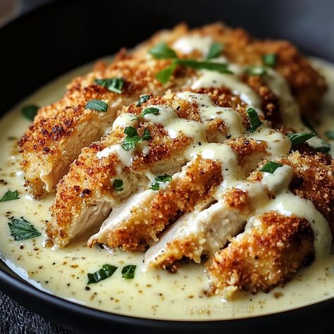 this crispy Parmesan-crusted chicken served with a creamy Alfredo sauce. Perfect for a comforting and indulgent dinner Alfredo With Crispy Chicken, Baked Caesar Chicken With Creamy Parmesan Sauce, Parmesan Crusted Chicken Noodles And Co, Creamy Parmesan Crusted Chicken, Sauce For Parmesan Crusted Chicken, Parmesan Crusted Chicken Alfredo Pasta, Parmesan Crusted Chicken Alfredo, Asiago Crusted Chicken, Chicken Parmesan With Alfredo Sauce