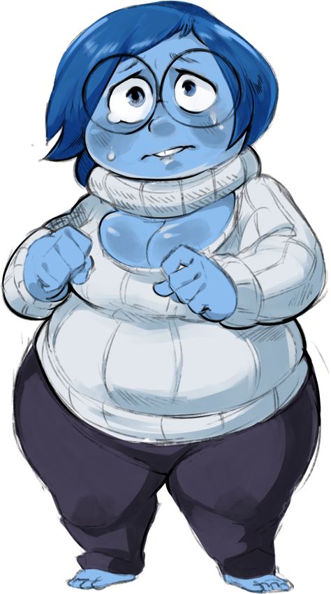 inside out sad sadness glasses blue skin chubby plump sweater girl Chunky Body Reference, Chubby Girl Character Design, Chubby Oc Girl, Plump Body Reference, Chubby Face Reference, Chubby Girl Reference, Chubby Face Drawing, Chubby Oc Base, Plump Drawing